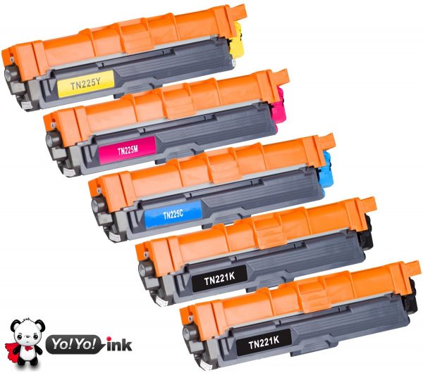 Compatible Brother TN221 / TN225 High Yield Toners : 2 Black & 1 each of Cyan / Magenta / Yellow (5 Pack)