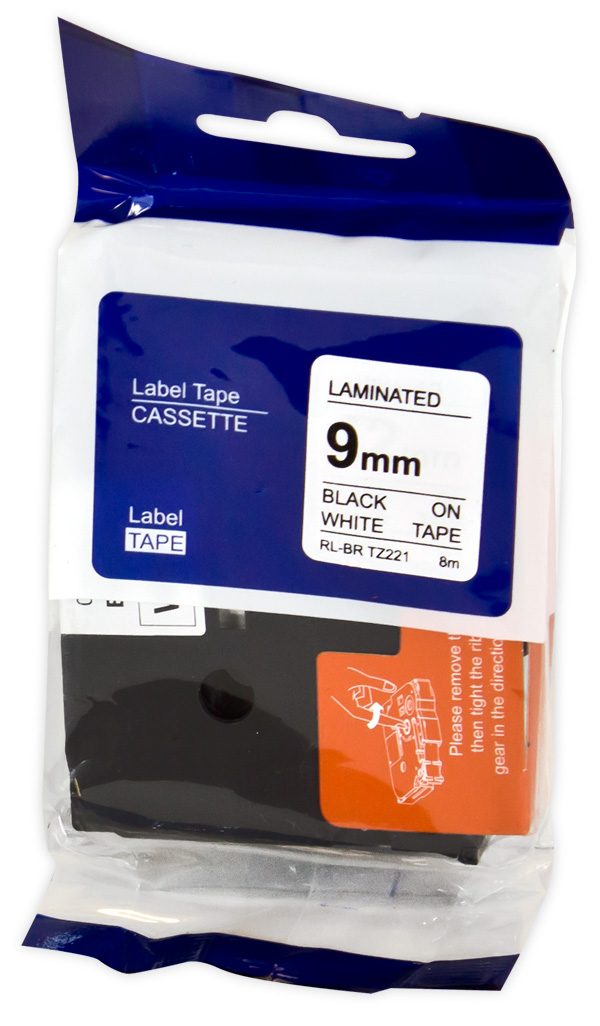 Brother Label Cassette TZE221 Black on White Tape 9MMx8M